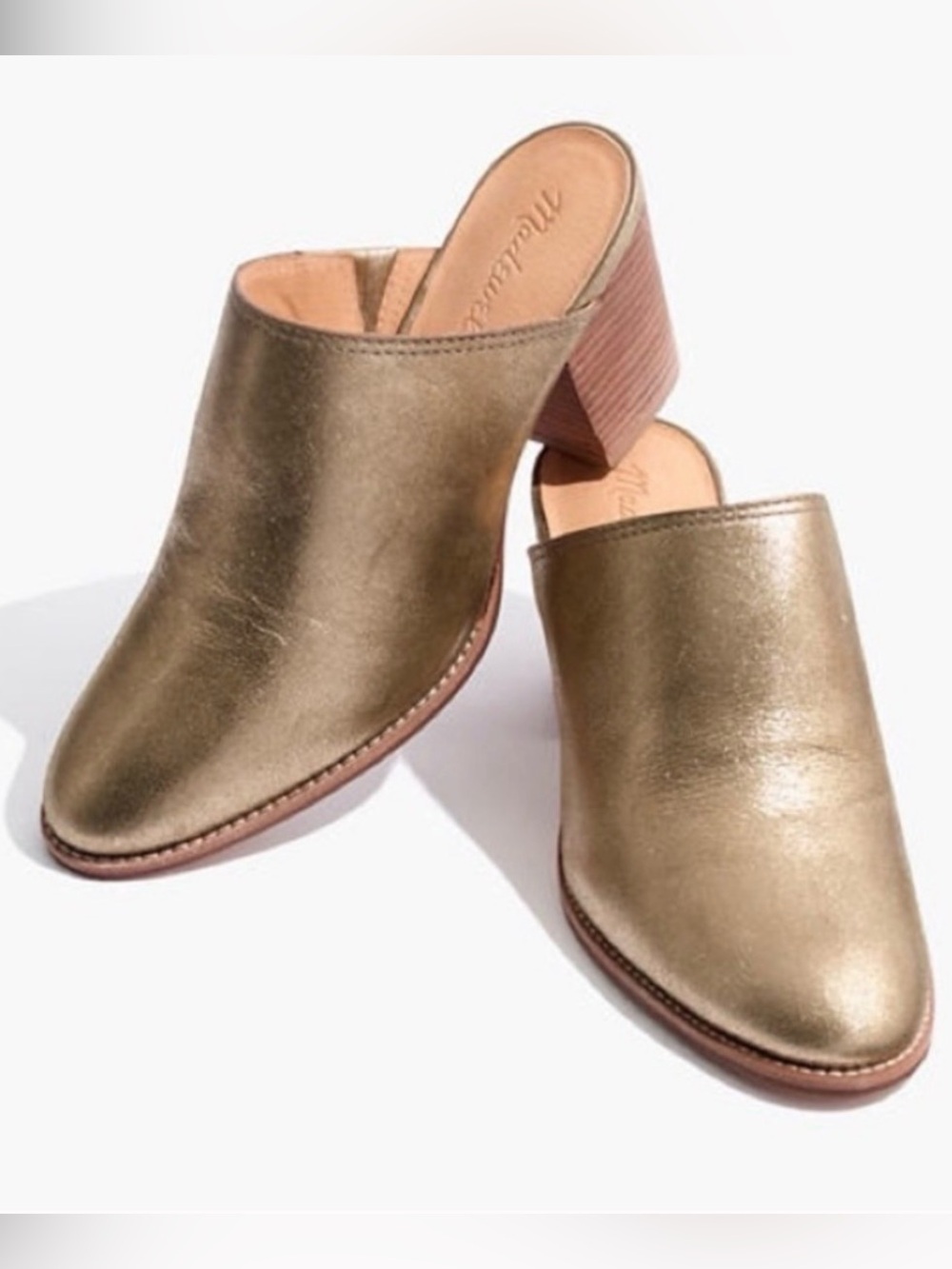 Madewell Metallic Gold Leather Slide Mules with Block Heel
